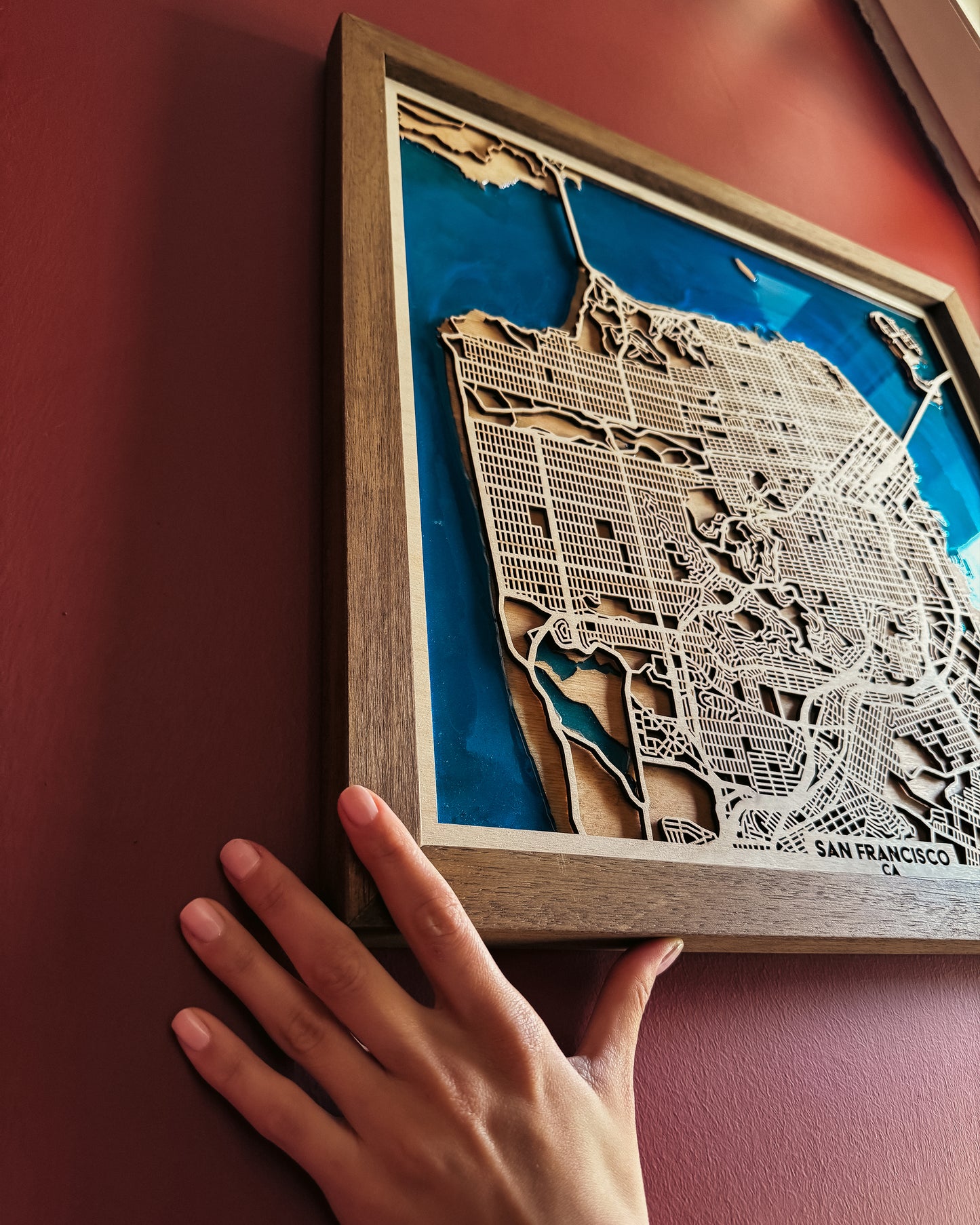 San Francisco Ahşap Şehir Haritası | El Yapımı Epoksi Duvar Sanatı