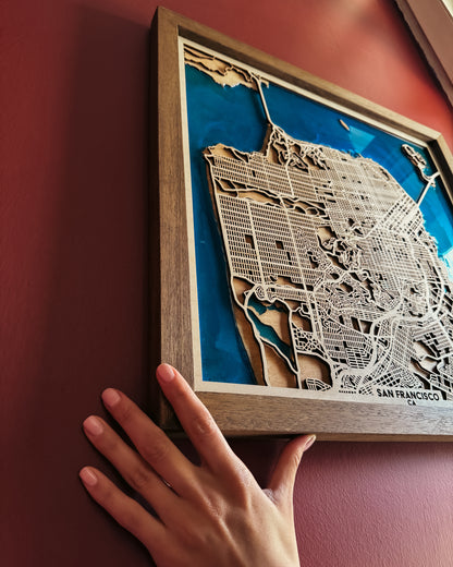 San Francisco Ahşap Şehir Haritası | El Yapımı Epoksi Duvar Sanatı