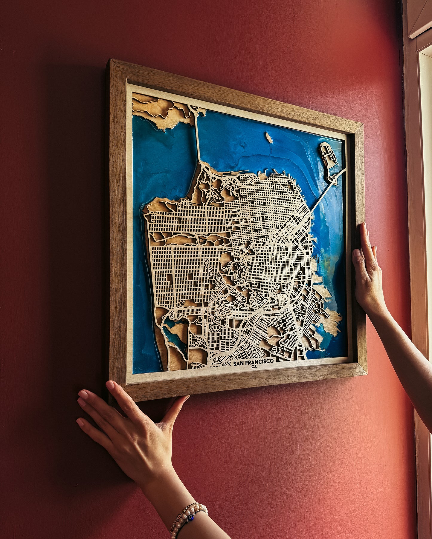 San Francisco Ahşap Şehir Haritası | El Yapımı Epoksi Duvar Sanatı