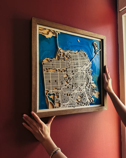 San Francisco Ahşap Şehir Haritası | El Yapımı Epoksi Duvar Sanatı