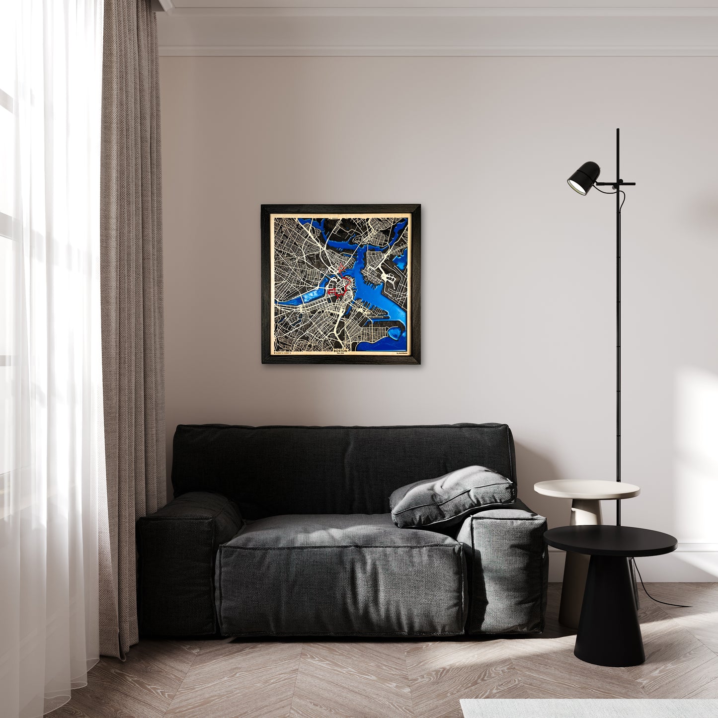 Boston Epoksi Haritası | Özgürlük Yolu Ahşap Haritası | El Yapımı Epoksi Duvar Sanatı