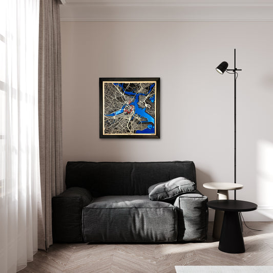 Boston Epoksi Haritası | Özgürlük Yolu Ahşap Haritası | El Yapımı Epoksi Duvar Sanatı