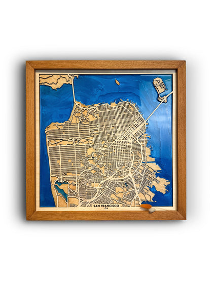 San Francisco Ahşap Şehir Haritası | El Yapımı Epoksi Duvar Sanatı