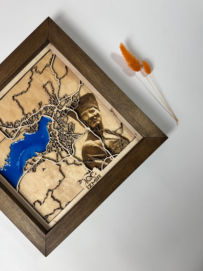 İzmir: Epoksi Ahşap Haritası |Kurtuluş Haritası: İzmir – 9 Eylül 1922 (El Yapımı Ahşap Sanat Eseri)