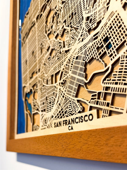 San Francisco Ahşap Şehir Haritası | El Yapımı Epoksi Duvar Sanatı