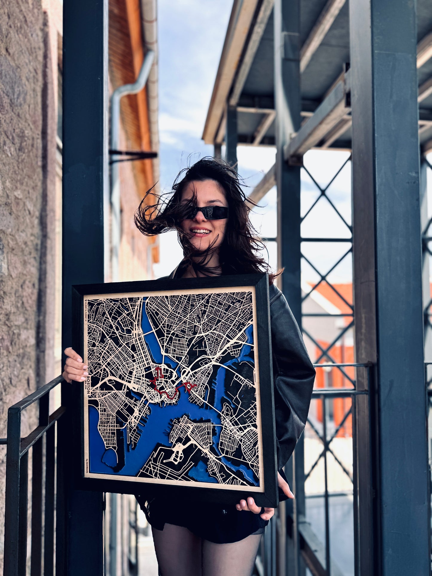 Boston Epoksi Haritası | Özgürlük Yolu Ahşap Haritası | El Yapımı Epoksi Duvar Sanatı