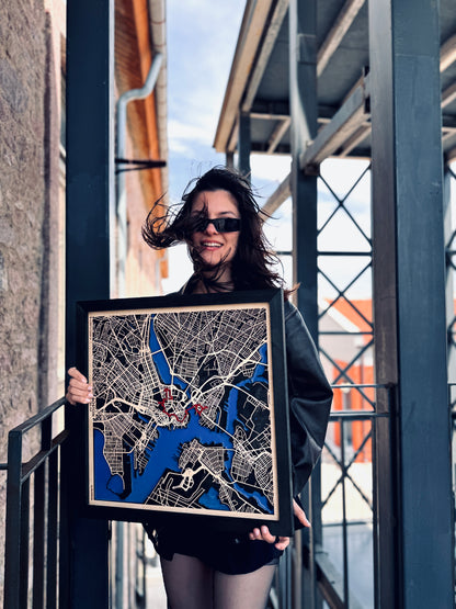 Boston Epoksi Haritası | Özgürlük Yolu Ahşap Haritası | El Yapımı Epoksi Duvar Sanatı