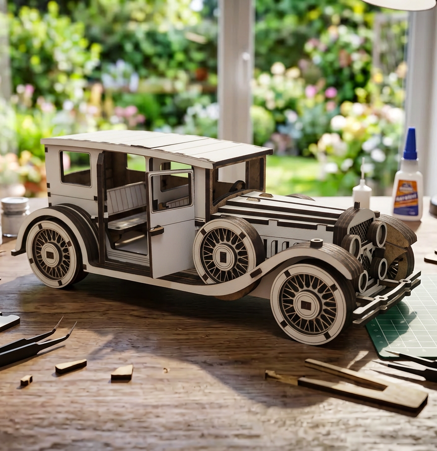 Ahşap Kendin Yap Minyatür Geniş Klasik Araba Maketi (DİY) - 3D Renkli Puzzle