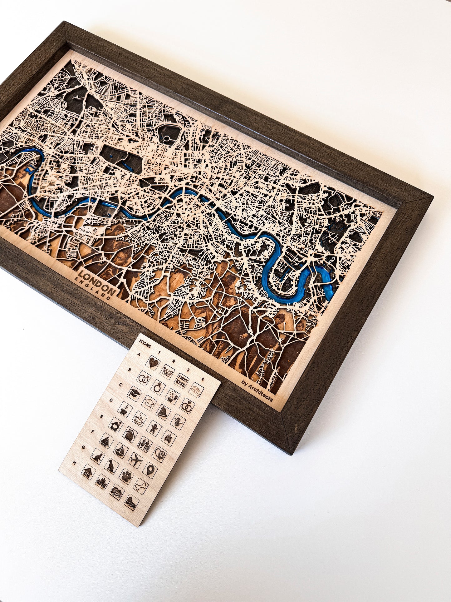 Londra Epoksi Ahşap Kazıma Şehir Haritası |  The Beatles, Sherlock Holmes, Bowie ve Daha Fazlasından Özel Set. Uzaklara Gitme ve Çift Hediyesi. Detaylı Harita