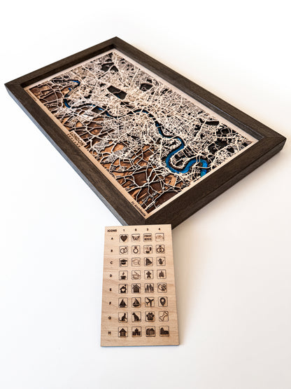 Londra Epoksi Ahşap Kazıma Şehir Haritası |  The Beatles, Sherlock Holmes, Bowie ve Daha Fazlasından Özel Set. Uzaklara Gitme ve Çift Hediyesi. Detaylı Harita