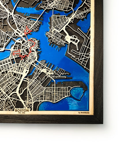 Boston Epoksi Haritası | Özgürlük Yolu Ahşap Haritası | El Yapımı Epoksi Duvar Sanatı