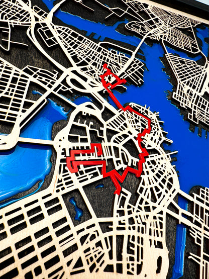 Boston Epoksi Haritası | Özgürlük Yolu Ahşap Haritası | El Yapımı Epoksi Duvar Sanatı