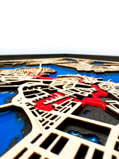 Boston Epoksi Haritası | Özgürlük Yolu Ahşap Haritası | El Yapımı Epoksi Duvar Sanatı