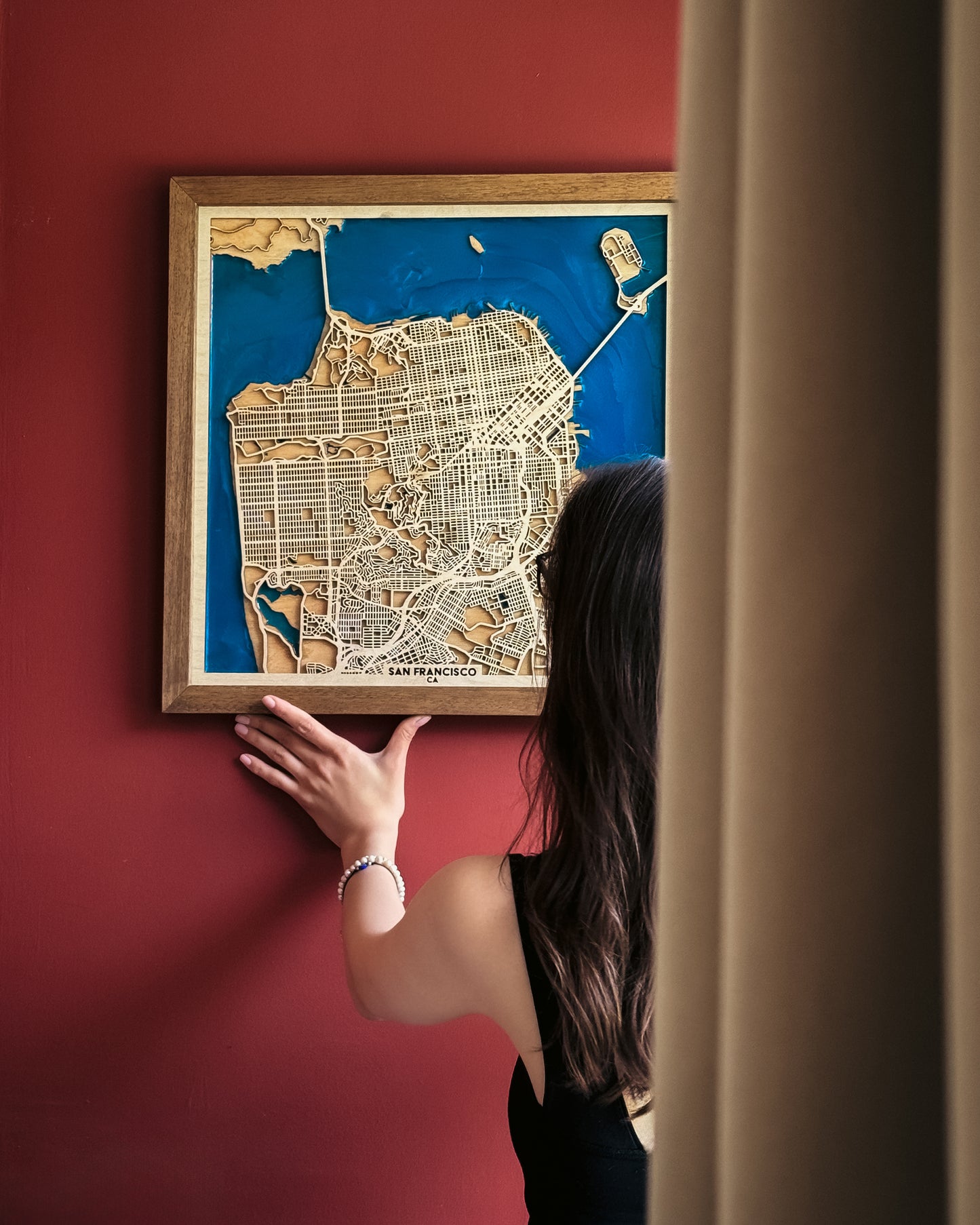 San Francisco Ahşap Şehir Haritası | El Yapımı Epoksi Duvar Sanatı