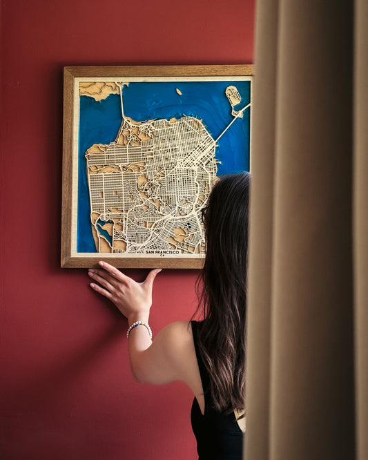 San Francisco Ahşap Şehir Haritası | El Yapımı Epoksi Duvar Sanatı