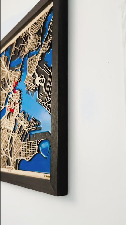 Boston Epoksi Haritası | Özgürlük Yolu Ahşap Haritası | El Yapımı Epoksi Duvar Sanatı