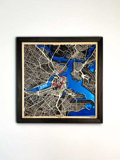 Boston Epoksi Haritası | Özgürlük Yolu Ahşap Haritası | El Yapımı Epoksi Duvar Sanatı