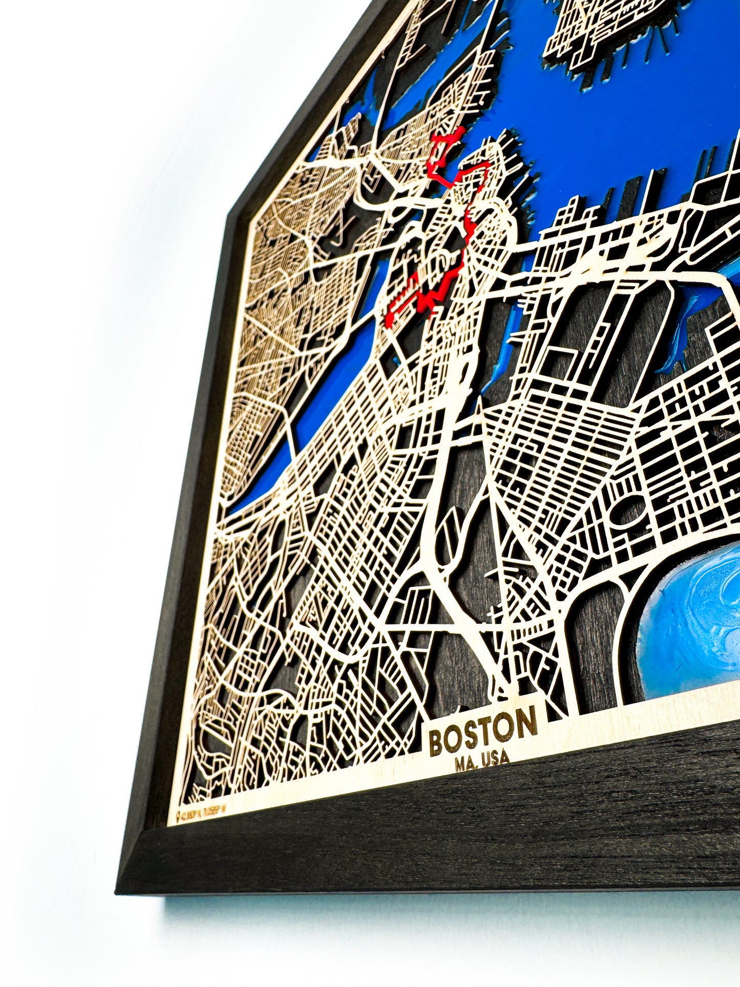 Boston Epoksi Haritası | Özgürlük Yolu Ahşap Haritası | El Yapımı Epoksi Duvar Sanatı
