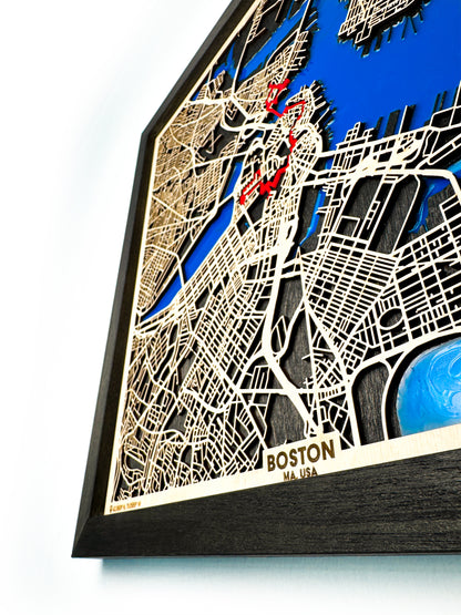 Boston Epoksi Haritası | Özgürlük Yolu Ahşap Haritası | El Yapımı Epoksi Duvar Sanatı